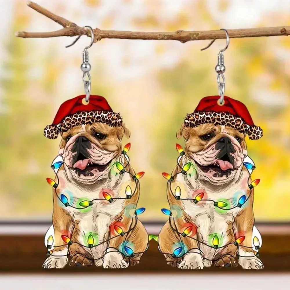 Bulldog Holiday Acrylic Dangle Christmas Earrings. NWOT